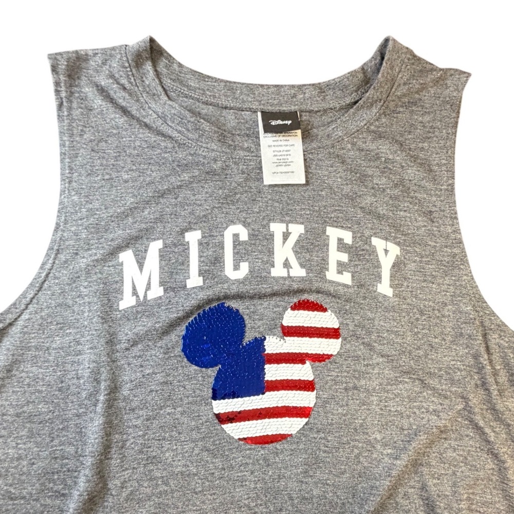 Disney Mickey Mouse USA Flag Sequin Muscle Tank Top Gray Womens Large JT18007 K2